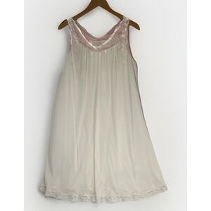 Vintage White Silky Nightgown White Lace Pink Trim A Line 37" Long